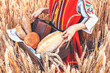 Beautiful girl woman in traditional Bulgarian folklore dress holding wicker basket with homemade breads in wheat field
