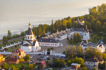 Top view of Holy Assumption Monastery on the banks of the Yenisey river in Krasnoyarsk, Russia on a summer day