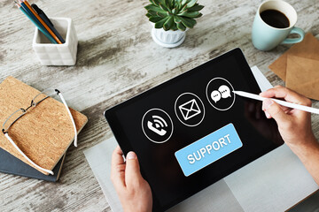 Poster - Technical support icons on screen. Call to help center. Internet and technology concept.