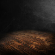 Wooden Table And Black Background With Smoke. 