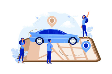 Poster - Gps system, cartography display, location on the city map, navigation in the smartphone and tablet, the path is paved to the car. flat design modern illustration