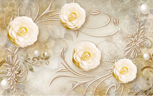 3d Wallpaper Yellow Flowers With Golden Branches On Marble Background