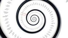 Abstract Time Tunnel With Double Vision Effect, Seamless Loop. Blurred Rotating Funnel With Clock Hands And Tick Marks On White Background.