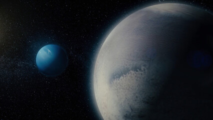 Poster - Planet in space. Solar system and space objects. Abstract scientific background - glowing planet in space, nebula and stars. Earth and galaxy on background.