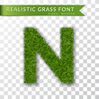 Grass letter N, alphabet 3D design. Capital letter text. Green font isolated white transparent background, shadow. Symbol eco nature environment, save the planet. Realistic meadow Vector illustration