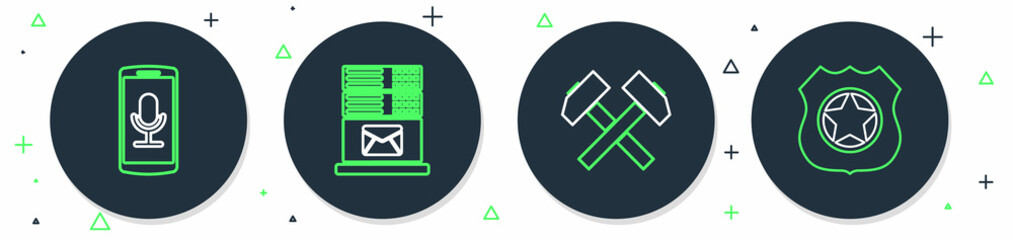 Poster - set line mail server, two crossed hammers, mobile recording and police badge icon. vector