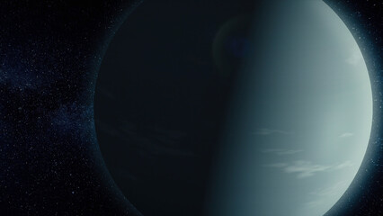Poster - Planet in space. Solar system and space objects. Abstract scientific background - glowing planet in space, nebula and stars. Earth and galaxy on background.