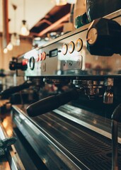 Poster - Vertical closeup of a professional coffee machine in a cafe