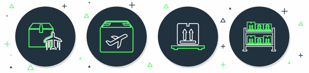 Sticker - Set line Plane and cardboard box, Cardboard boxes on pallet, and Warehouse icon. Vector