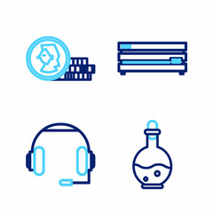 Poster - Set line Bottle with magic elixir, Headphones, Video game console and Coin for icon. Vector