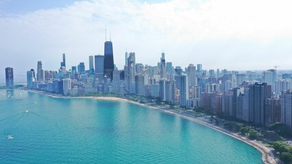 Wall Mural - Aerial view of the Chicago skyline and Lake Michigan