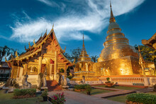 Phra Sing Temple,landmark For Tourist At Chiang Mai,Thailand.Most Favorite Landmark For Travel Phra Sing Temple At Night Scene.