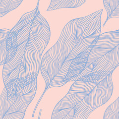 Linear seamless pattern with blue leaves on pink background