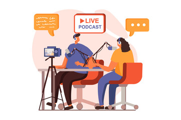 Aufkleber - Video streaming web concept in flat design. Man and woman doing live podcast stream and recording video content on camera in studio. Blogging and social networks. Illustration with people scene