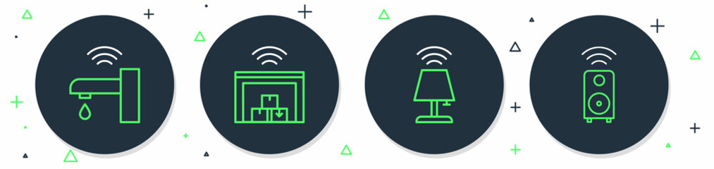 Sticker - Set line Smart warehouse, table lamp, water tap and stereo speaker icon. Vector