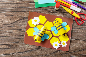 Wall Mural - Summer card with voluminous bees. Handmade. Childrens creativity project, crafts for kids.