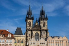 Scenic view of the Church of Mother of God before Tyn in Prague, Czechia in blue sky background