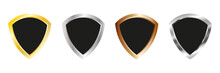 Shield Set. Protection Guard Collection. Golden, Silver And Copper Badge Icon Group. Vector Illustration Isolated On White.