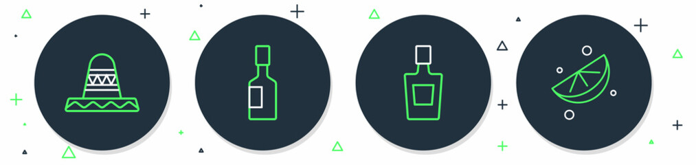 Sticker - Set line Tabasco sauce, Tequila bottle, Mexican sombrero and Sliced lime icon. Vector