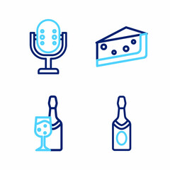 Sticker - Set line Champagne bottle, Piece of cake and Microphone icon. Vector