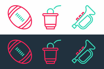 Sticker - Set line Trumpet, American Football ball and Beer pong game icon. Vector