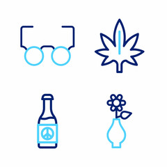 Wall Mural - Set line Flower in vase, Beer bottle, Marijuana and Glasses icon. Vector