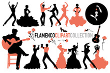 Flamenco Dance Clipart Collection. Set Of Dancers Dressed In Typical Spanish Clothes, Guitarist And Typical Items Of Spanish Folklore