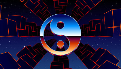Aufkleber - synthwave frame with chrome yin yang sign and 80s styled synthwave arcade game landscape.