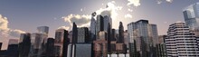 City In The Morning In The Rays Of The Sun, Skyscrapers At Sunrise, 3d Rendering