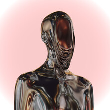 Abstract Concept Sculpture Illustration From 3D Rendering Of Black Chrome Metal Reflecting Female Figure With Flat Melting Anonymous Face Isolated On Background In Vaporwave Style Colors.