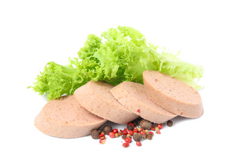 Slices of delicious liver sausage, lettuce and peppercorns on white background