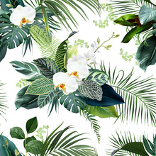 Tropical Greenery Print With Exotic Palm Leaves, White Orchid, Monstera. Botanical Emerald Pattern