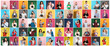 Collage with photos of people holding piggy banks on different color backgrounds. Banner design