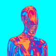 Abstract concept sculpture illustration from 3D rendering of chrome metal reflecting female figure with flat melting anonymous face isolated on background in vaporwave psychedelic style colors.