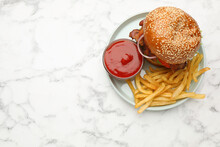 Tasty Burger, French Fries And Sauce On White Marble Table, Top View With Space For Text. Fast Food