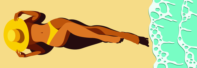 vector bright sunny illustration of a beautiful tanned girl in a yellow swimsuit sunbathing on the beach in a big hat on the sea or ocean. sea waves. top view. elements isolated. summer vacation.