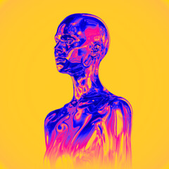 Abstract illustration from 3D rendering of chrome metal reflecting female bust in vaporwave style color palette and isolated on orange background.