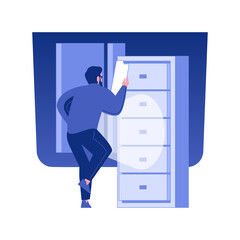 Poster - Industrial espionage isolated concept vector illustration. Person stealing confidential data, trade secret, business documents, company documentation, corporate paperwork vector concept.