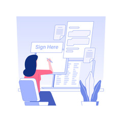 Poster - E-documents isolated concept vector illustration. Businessman signs e-document using tablet and stylus, legal company documentation, corporate paperwork, modern technology vector concept.
