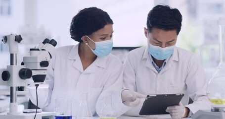 Poster - Two medical scientists using a tablet and microscope to check virus samples inside a research facility. Specialists enter data into a system and analyze it for breakthrough, discovery and innovation