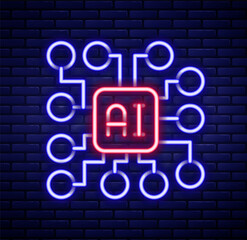 Canvas Print - Glowing neon line Neural network icon isolated on brick wall background. Artificial intelligence AI. Colorful outline concept. Vector