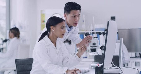 Poster - Two scientist using a computer and microscope while conducting medical research in a lab. Innovative biochemists making breakthrough and discovery in a hospital facility while using online technology
