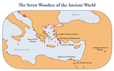  Map with the seven wonders of the ancient world