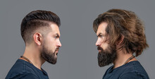 Collage Man Before And After Visiting Barbershop, Different Haircut, Mustache, Beard. Male Beauty, Comparison. Shaving, Hairstyling. Beard, Shave Before, After. Long Beard Hair Style Hair Stylist.