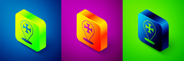 Isometric Crusade icon isolated on blue, purple and green background. Square button. Vector