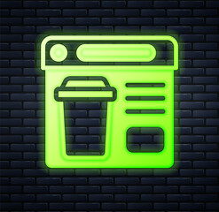 Glowing neon Online ordering and fast food delivery icon isolated on brick wall background. Vector