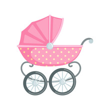 Baby Carriage Icon In Flat Style Isolated On White Background.