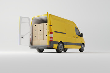 Sticker - commercial delivery yellow van with cardboard boxes on white background. delivery order service comp