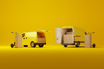 Poster - Two commercial delivery yellow vans with cardboard boxes on yellow background. Delivery order service company transportation box with vans truck. 3d rendering, 3d illustration.