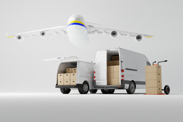 Poster - Two commercial delivery white vans with cardboard boxes with airplane over them on white background. Delivery order service company transportation box with vans truck. 3d rendering, 3d illustration.